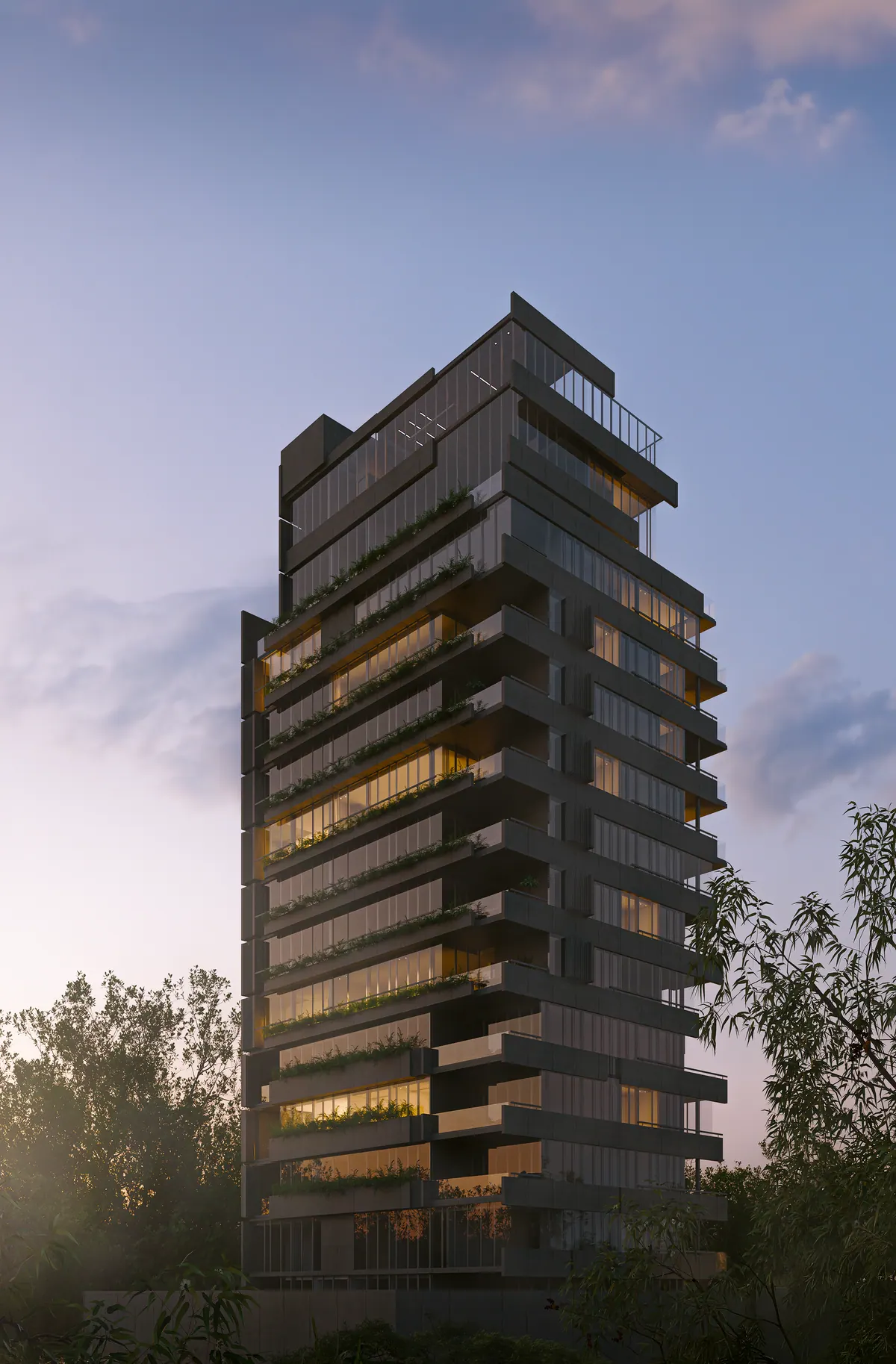 Fachada de Urban Plaza al atardecer, con balcones desfasados y vegetación