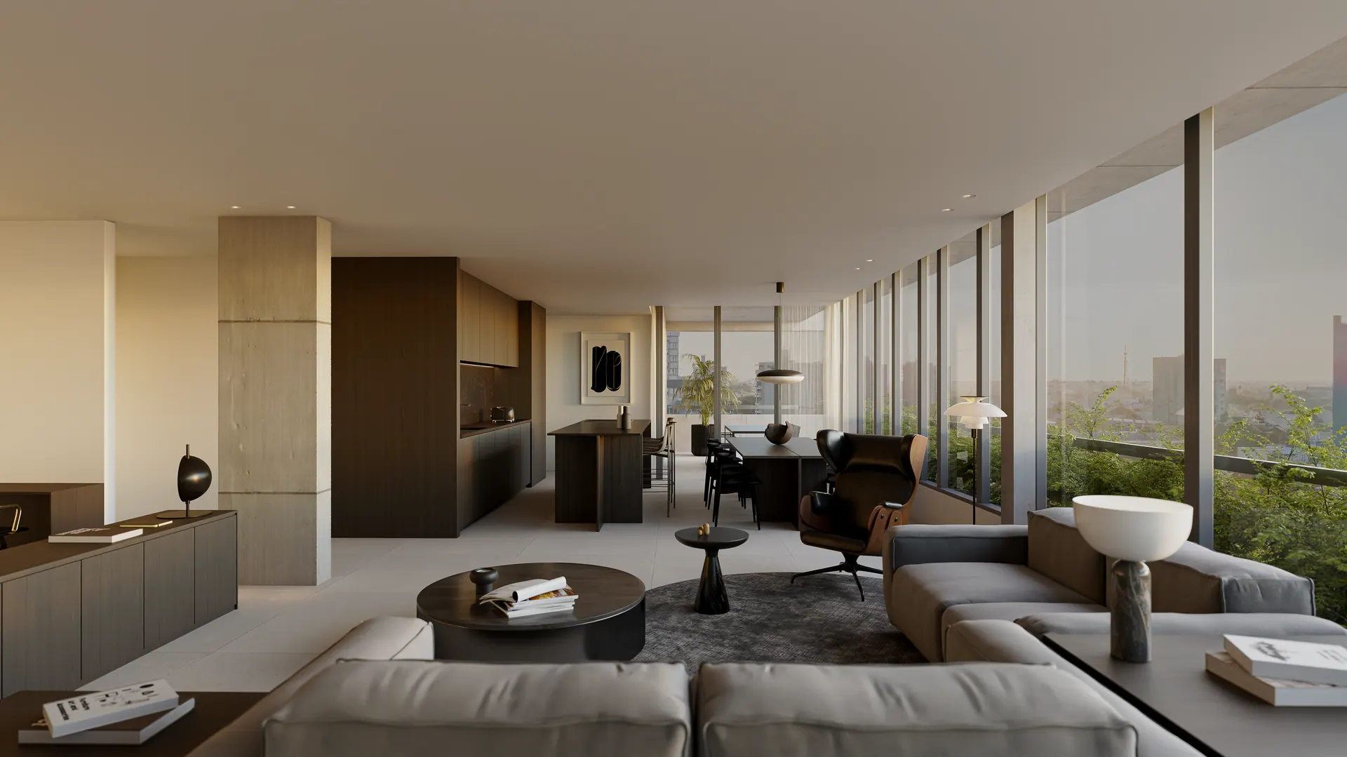 Interior de una residencia: living, comedor y cocina integrados, con materiales en tonos cálidos