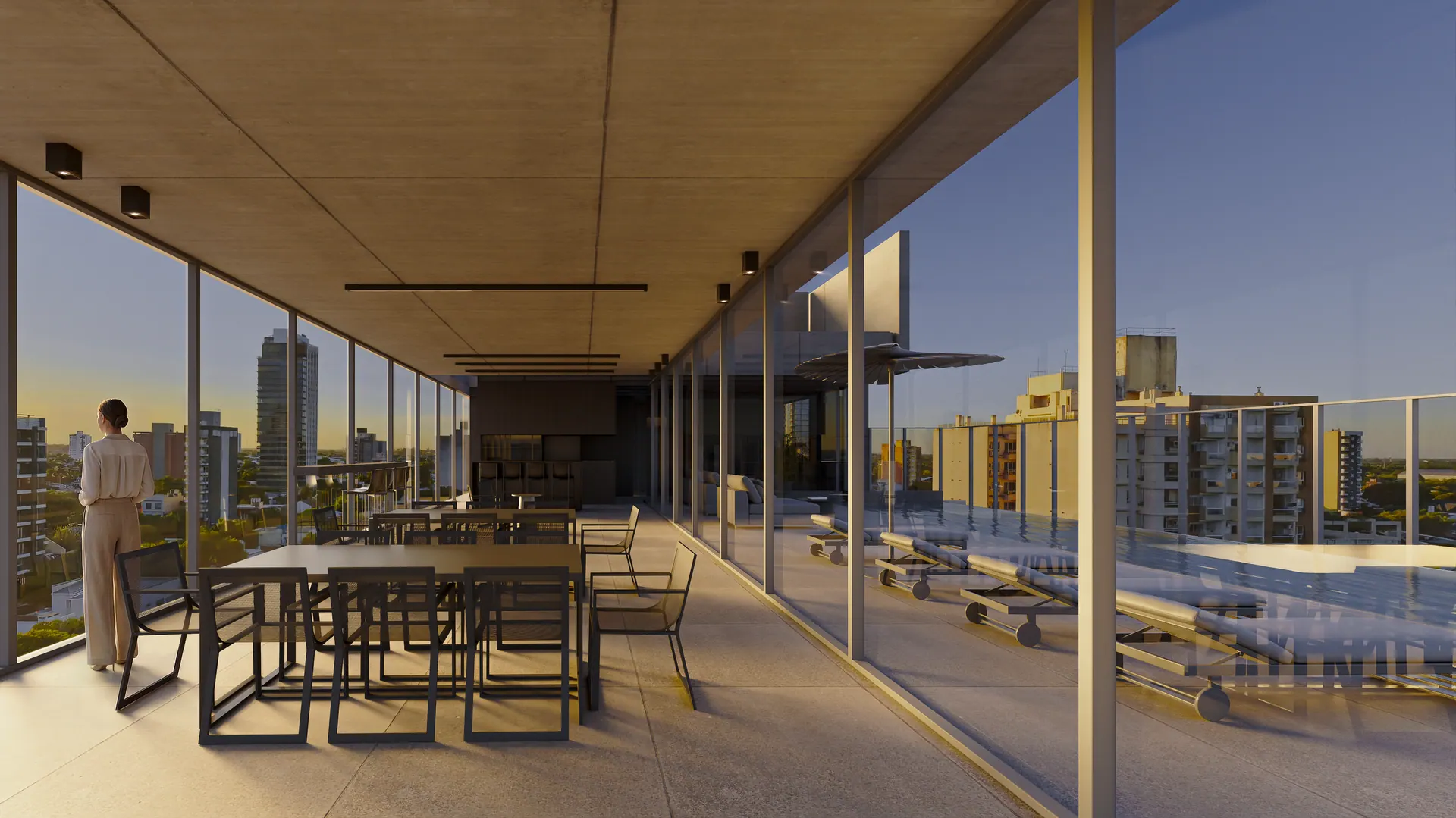 Salón vidriado del piso 17, abierto a la terraza con piscina y vista a la ciudad