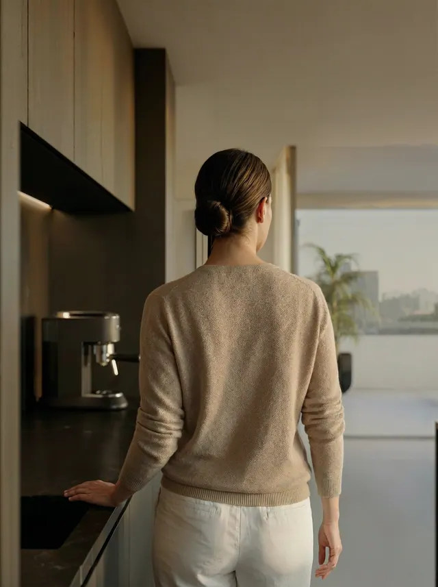 Una mujer de espaldas en la cocina, junto a la cafetera